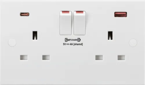 13A 2 Gang Double Pole Switched Double Socket with Dual USB FASTCHARGE Ports (USB C   A) SN9909