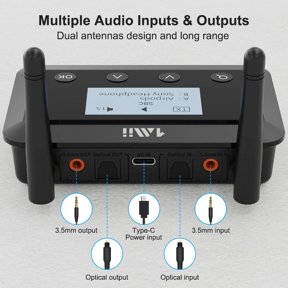 1Mii B03  Bluetooth Transmitter Receiver for TV Home Stereo, Long Range Bluetooth 5.3 Adapter for TV Audio with Screen, Aptx Low Latency & HD, Optical RCA AUX 3.5Mm Inputs/Outputs