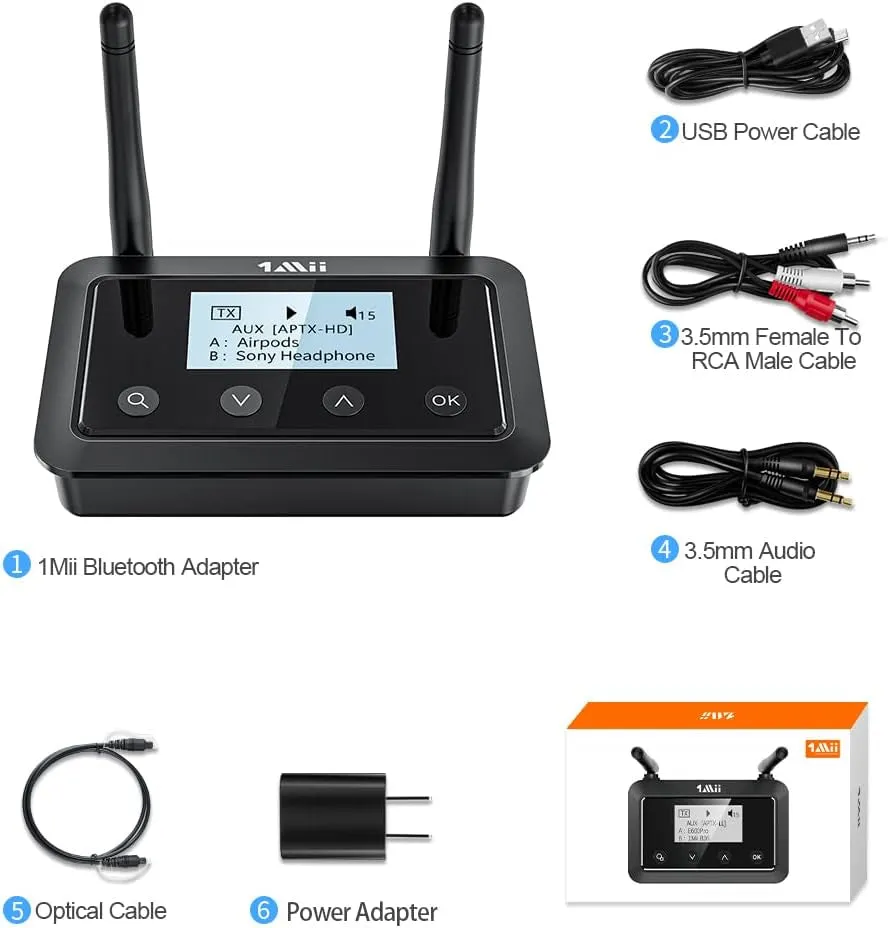 1Mii B03  Bluetooth Transmitter Receiver for TV Home Stereo, Long Range Bluetooth 5.3 Adapter for TV Audio with Screen, Aptx Low Latency & HD, Optical RCA AUX 3.5Mm Inputs/Outputs