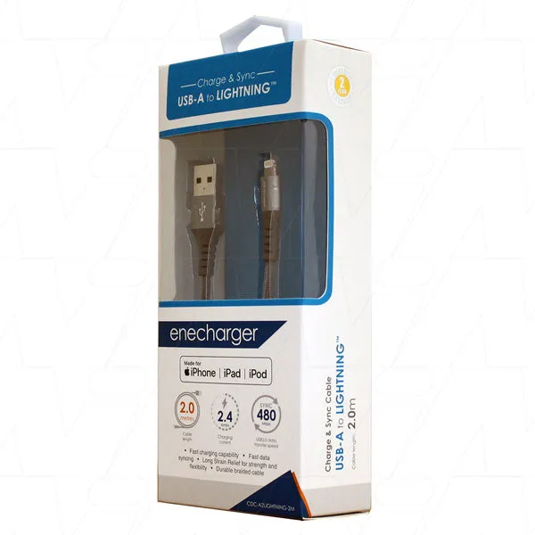 2 Meter Premium Charge & Sync Cable from USB-A to Lightning (MFi) with Fast Charge & Fast Syncing Capabilities in Durable Braided Cable Design