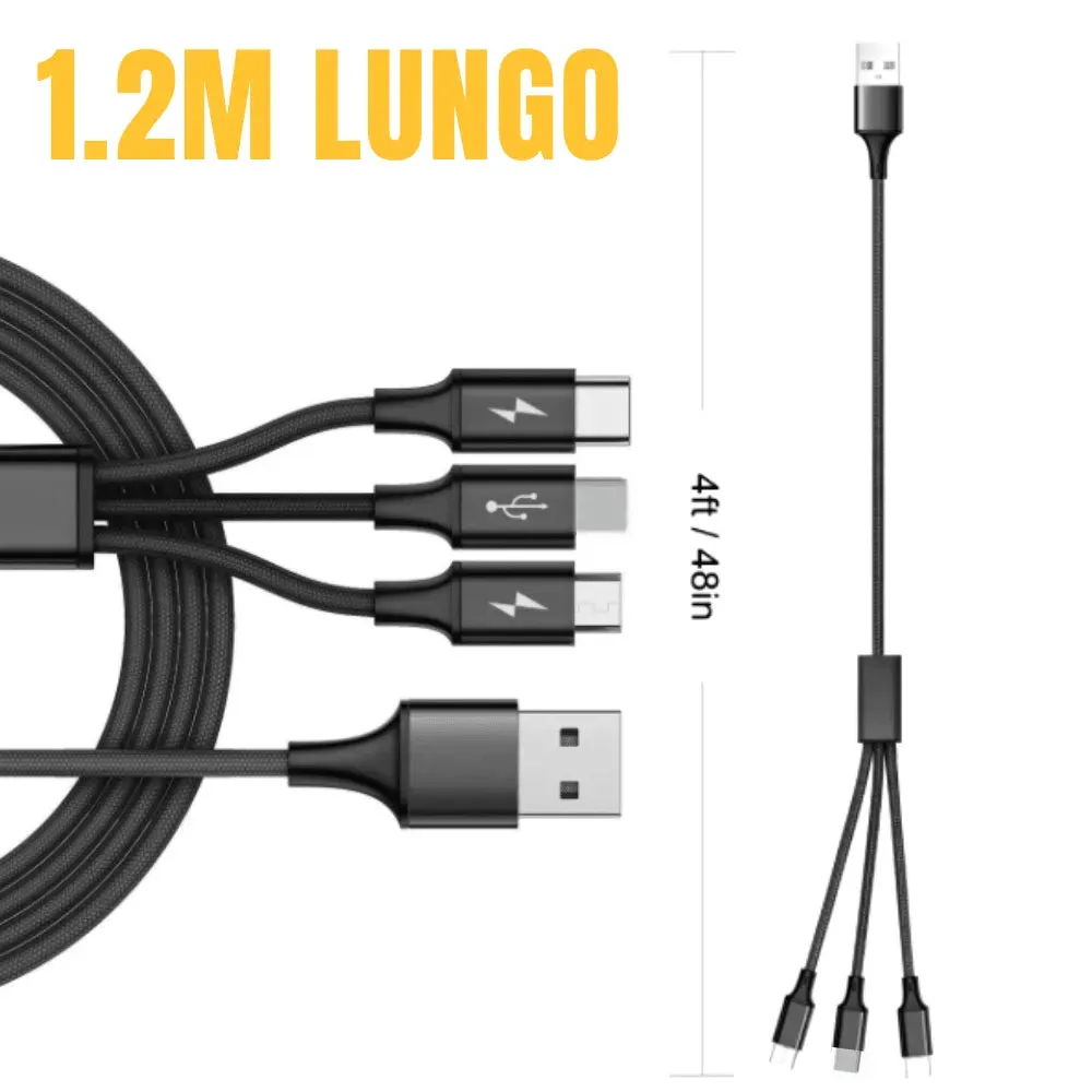 3-in-1 Nylon Braided 4FT 3A Charging Cable (8Pin, Type-C, Micro USB) Silver