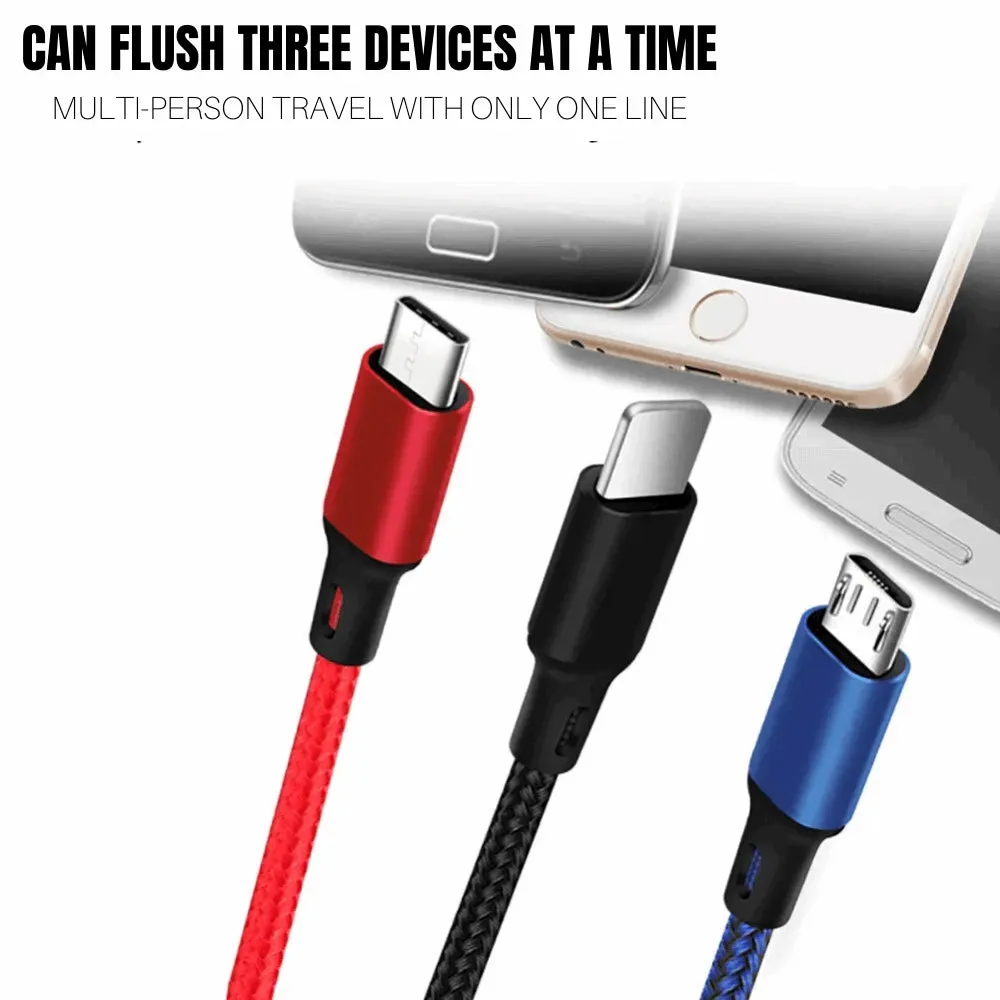 3-in-1 Nylon Braided 4FT 3A Charging Cable (8Pin, Type-C, Micro USB) Silver