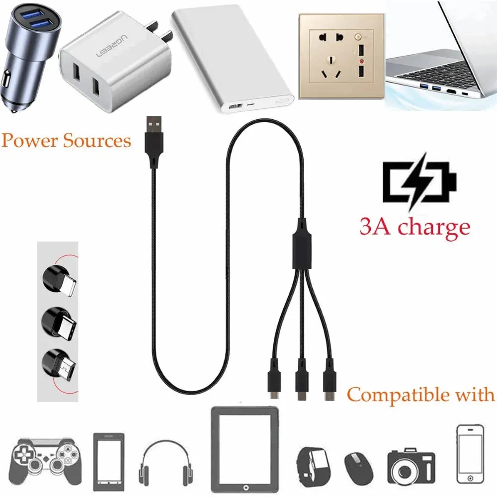 3-in-1 Nylon Braided 4FT 3A Charging Cable (8Pin, Type-C, Micro USB) Silver