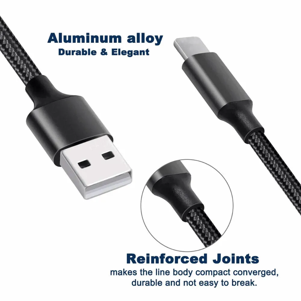 3-in-1 Nylon Braided 4FT 3A Charging Cable (8Pin, Type-C, Micro USB) Silver