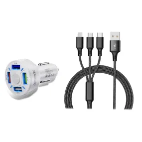 4 Port LED Car Charger   3-in-1 Cable Combo