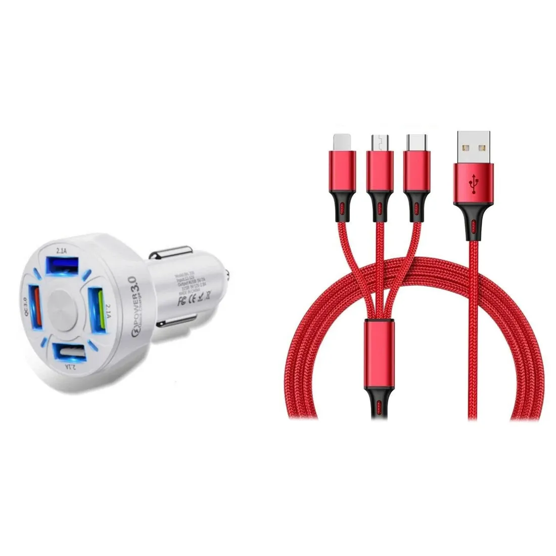 4 Port LED Car Charger   3-in-1 Cable Combo