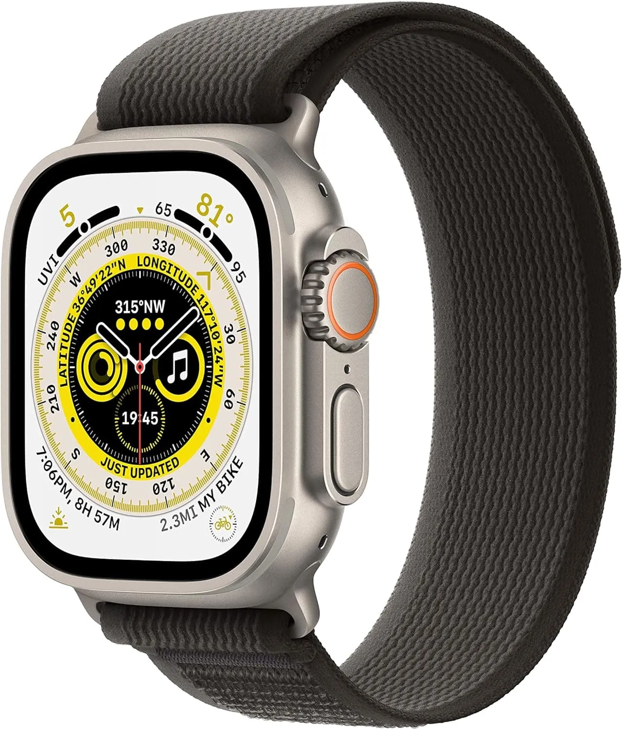 Apple Watch Ultra Cellular (49mm) – Titanium Case with Black & Grey Trail Loop, Small/Medium