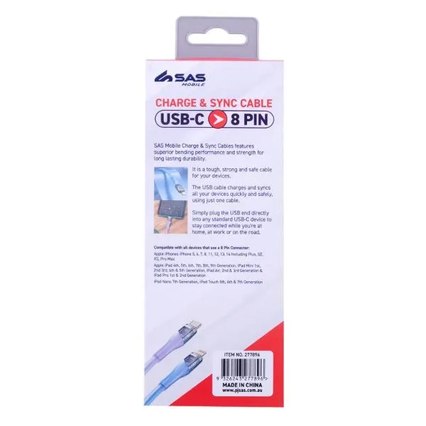 Assorted Charge & Sync USB C To 8 Pin PVC Cable - 100cm