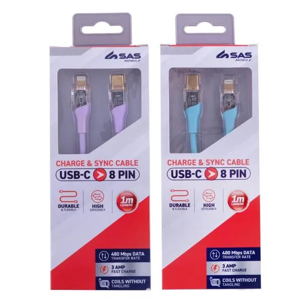 Assorted Charge & Sync USB C To 8 Pin PVC Cable - 100cm