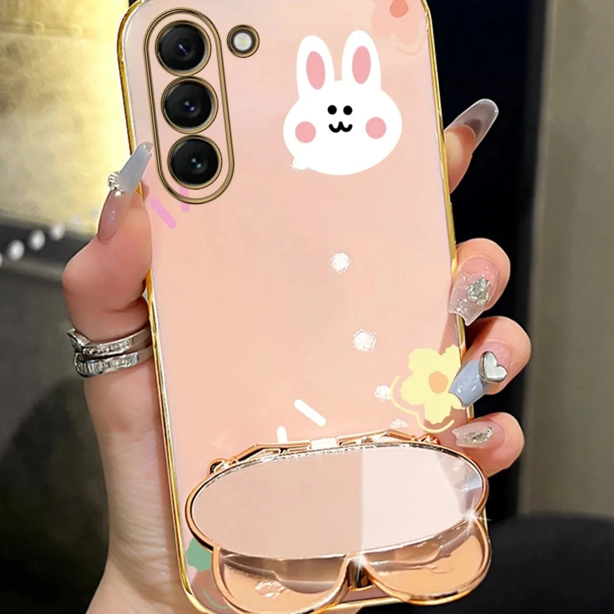 Cute Rabbit Phone Case Cover with Flower Strap & Mirror Stand Holder for Samsung