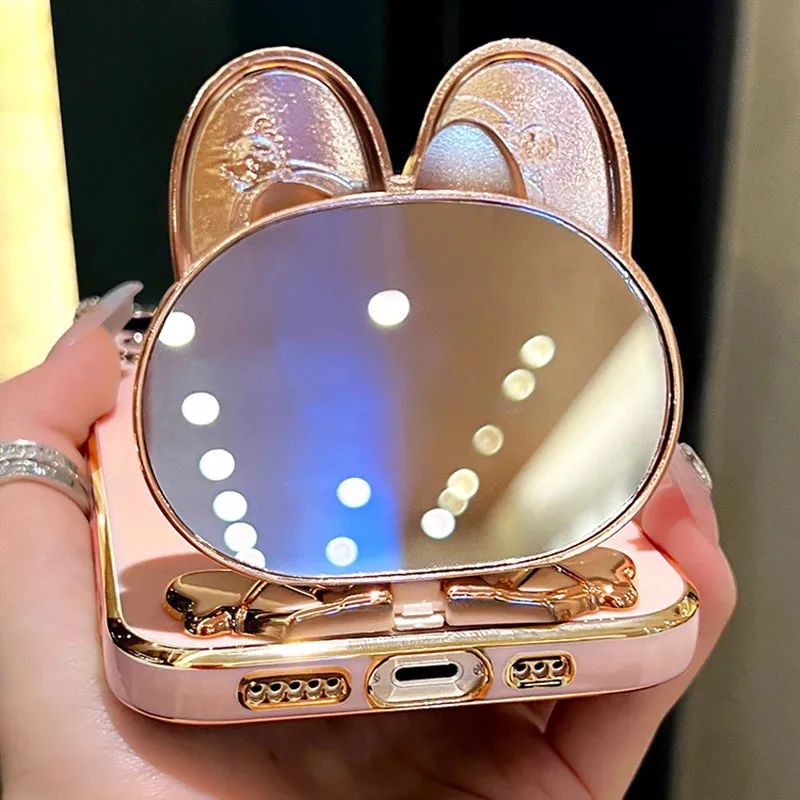 Cute Rabbit Phone Case Cover with Flower Strap & Mirror Stand Holder for Samsung