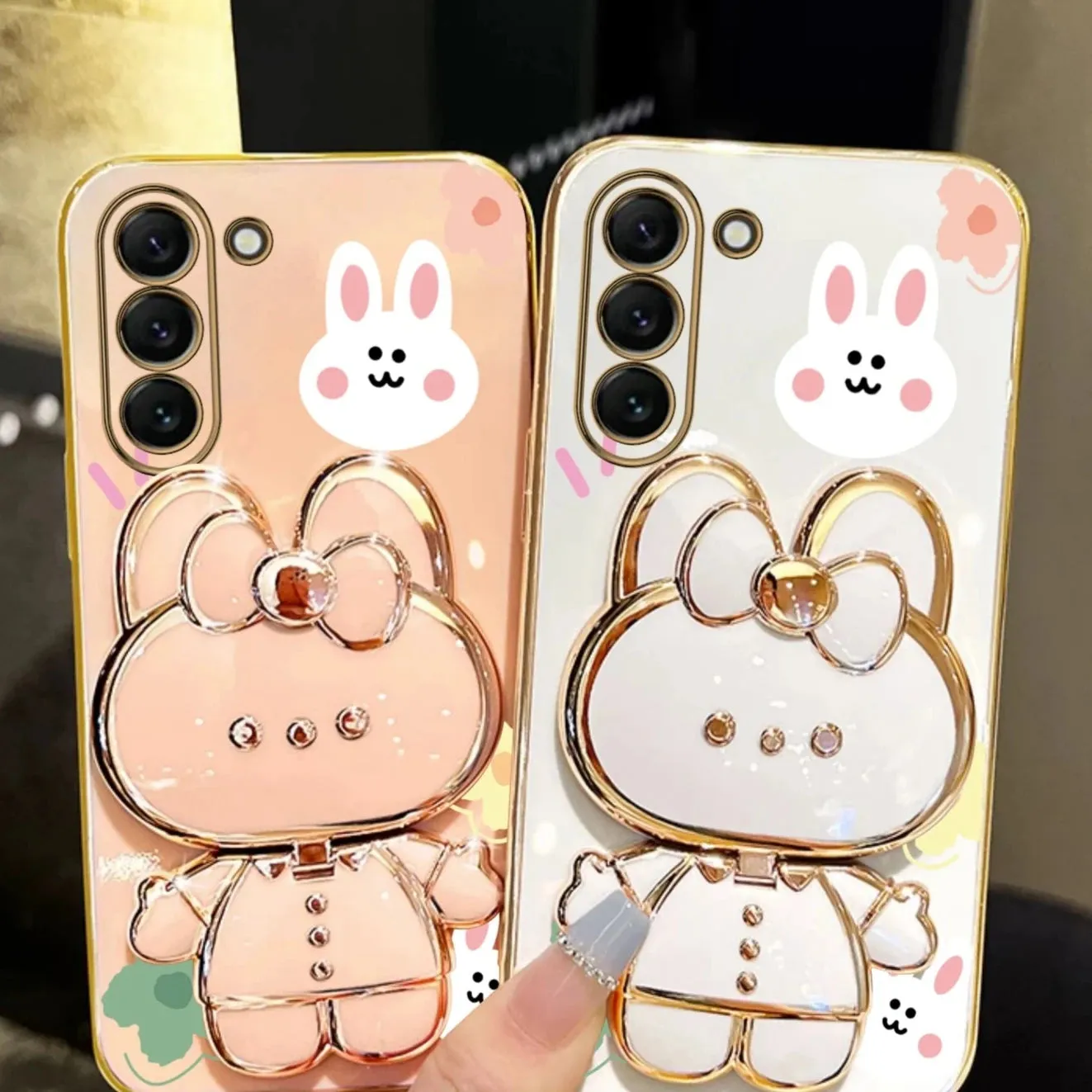 Cute Rabbit Phone Case Cover with Flower Strap & Mirror Stand Holder for Samsung