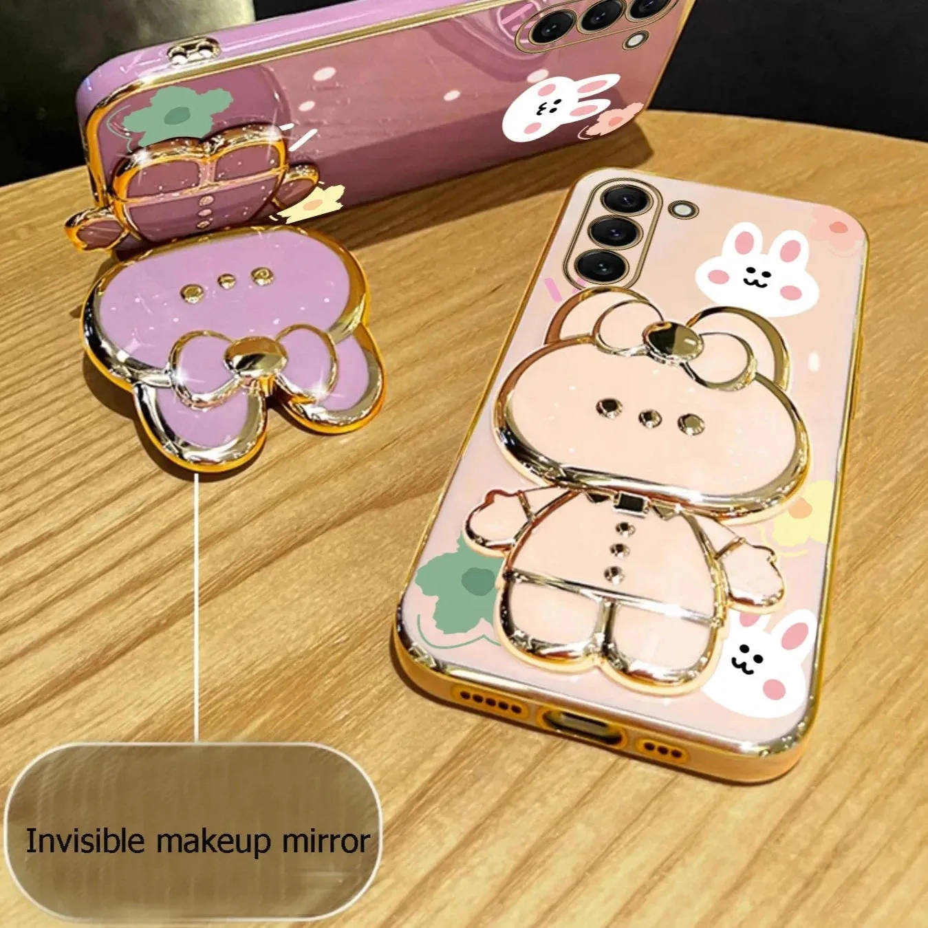 Cute Rabbit Phone Case Cover with Flower Strap & Mirror Stand Holder for Samsung