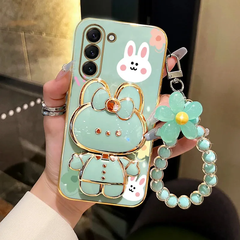 Cute Rabbit Phone Case Cover with Flower Strap & Mirror Stand Holder for Samsung