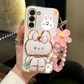 Cute Rabbit Phone Case Cover with Flower Strap & Mirror Stand Holder for Samsung