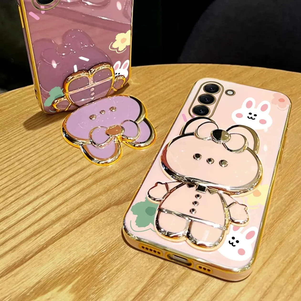 Cute Rabbit Phone Case Cover with Flower Strap & Mirror Stand Holder for Samsung
