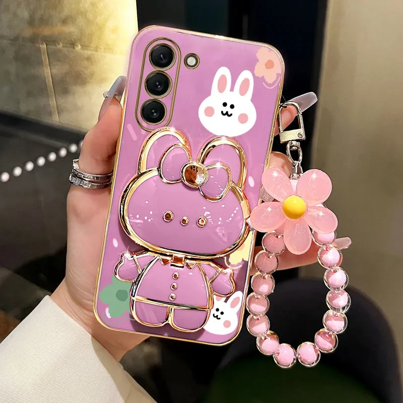 Cute Rabbit Phone Case Cover with Flower Strap & Mirror Stand Holder for Samsung