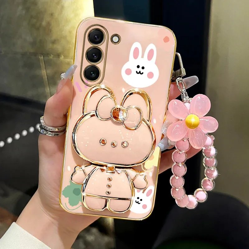 Cute Rabbit Phone Case Cover with Flower Strap & Mirror Stand Holder for Samsung