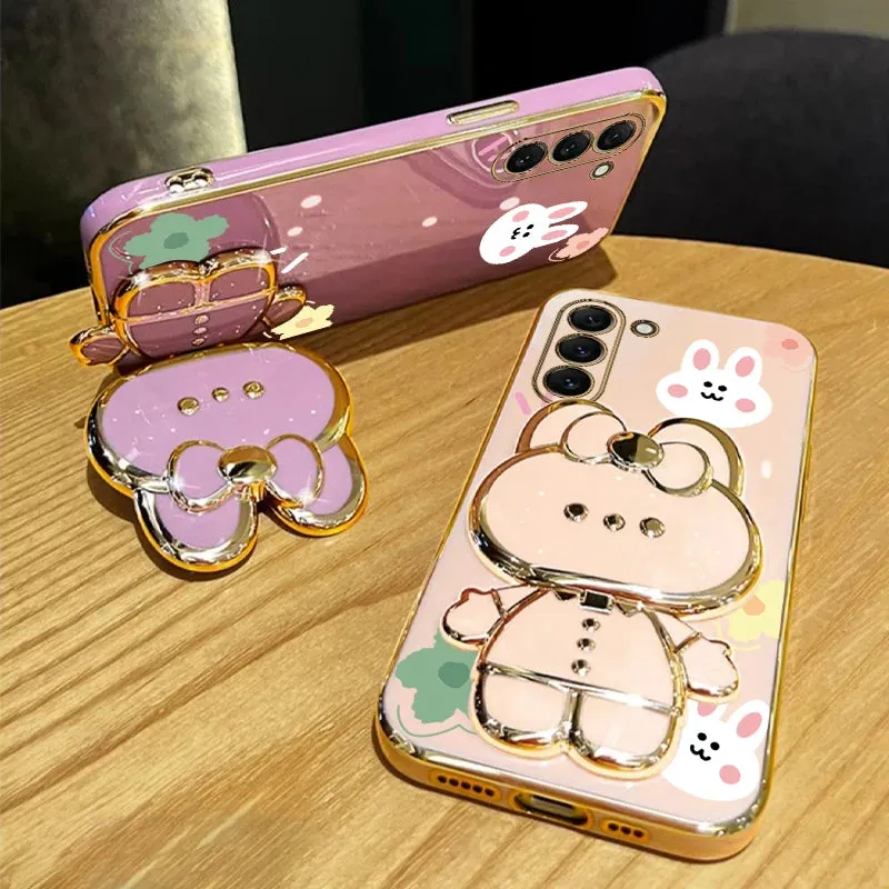 Cute Rabbit Phone Case Cover with Flower Strap & Mirror Stand Holder for Samsung