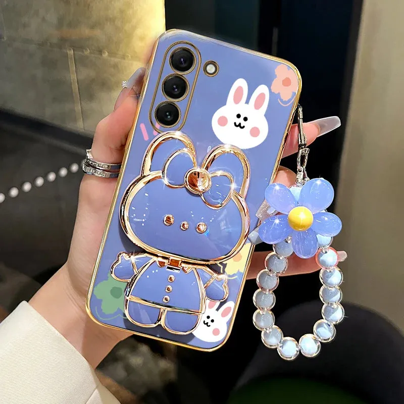 Cute Rabbit Phone Case Cover with Flower Strap & Mirror Stand Holder for Samsung