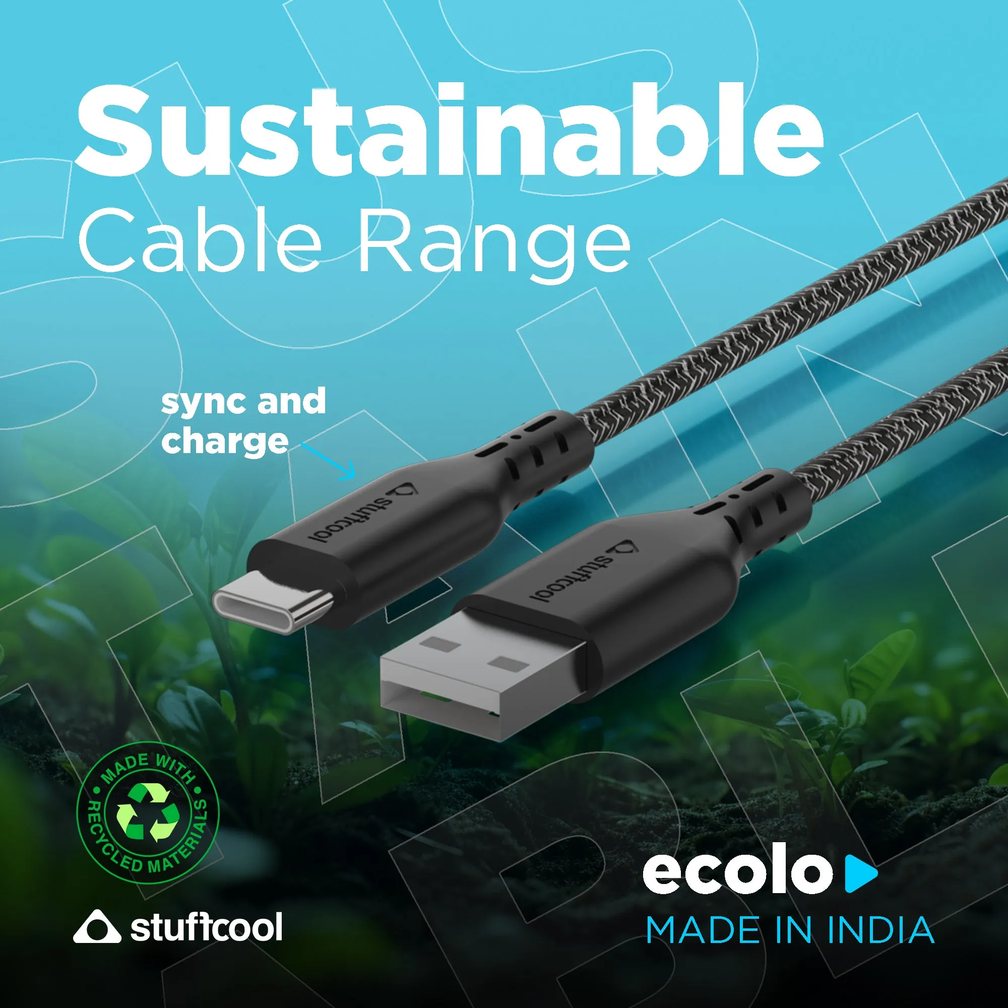 Ecolo Made From Recycled Plastic USB A to Type C PD Sync & Charge Cable