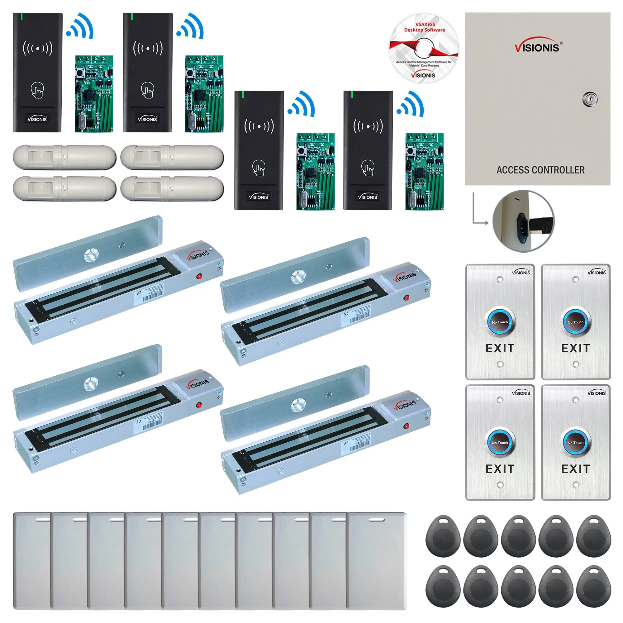 FPC-9005 Four Door Access Control Time Attendance TCP/IP RS485 Wiegand Controller Box   Out Swinging Door 600lbs Maglock   Outdoor Wireless Card Reader   Wireless Receiver PCB   PIR Motion Detector