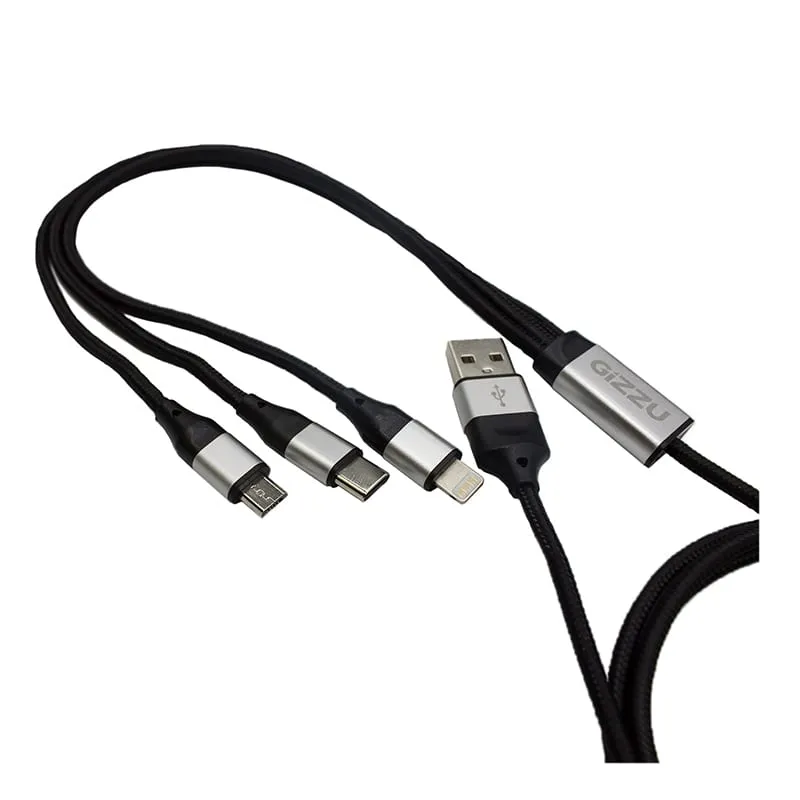 Gizzu 3In1 Usb To Micro Usb/Type-C/Lightning 1.2M Cable - Black