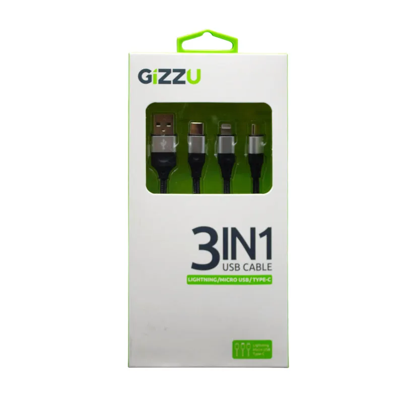 Gizzu 3In1 Usb To Micro Usb/Type-C/Lightning 1.2M Cable - Black
