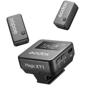 Godox Magic XT1 2 Person Dual TX   RX 2-Channel Wireless Omnidirectional Microphone System 3.5mm TRS / USB Type-C Ports with 200m Max Wireless Range, 680mAh RX Charging Case Max 16hrs Battery Life and OLED Touchscreen and Onboard Controls