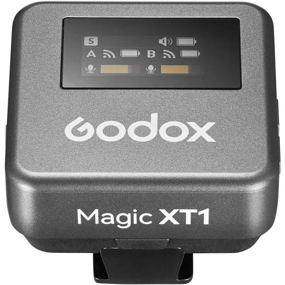Godox Magic XT1 2 Person Dual TX   RX 2-Channel Wireless Omnidirectional Microphone System 3.5mm TRS / USB Type-C Ports with 200m Max Wireless Range, 680mAh RX Charging Case Max 16hrs Battery Life and OLED Touchscreen and Onboard Controls