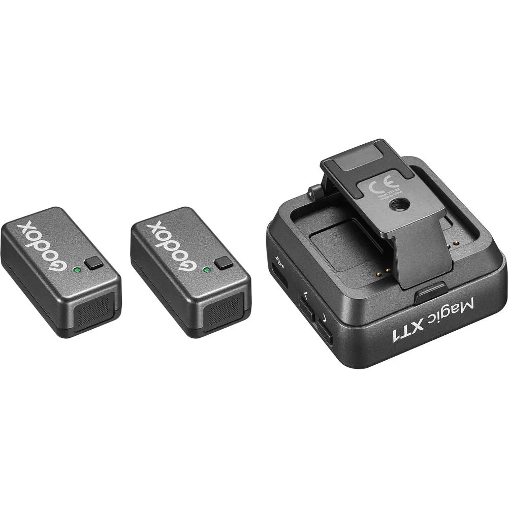 Godox Magic XT1 2 Person Dual TX   RX 2-Channel Wireless Omnidirectional Microphone System 3.5mm TRS / USB Type-C Ports with 200m Max Wireless Range, 680mAh RX Charging Case Max 16hrs Battery Life and OLED Touchscreen and Onboard Controls