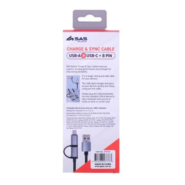 Grey Charge & Sync USB A To USB C & 8 Pin Polyester Cable - 100cm