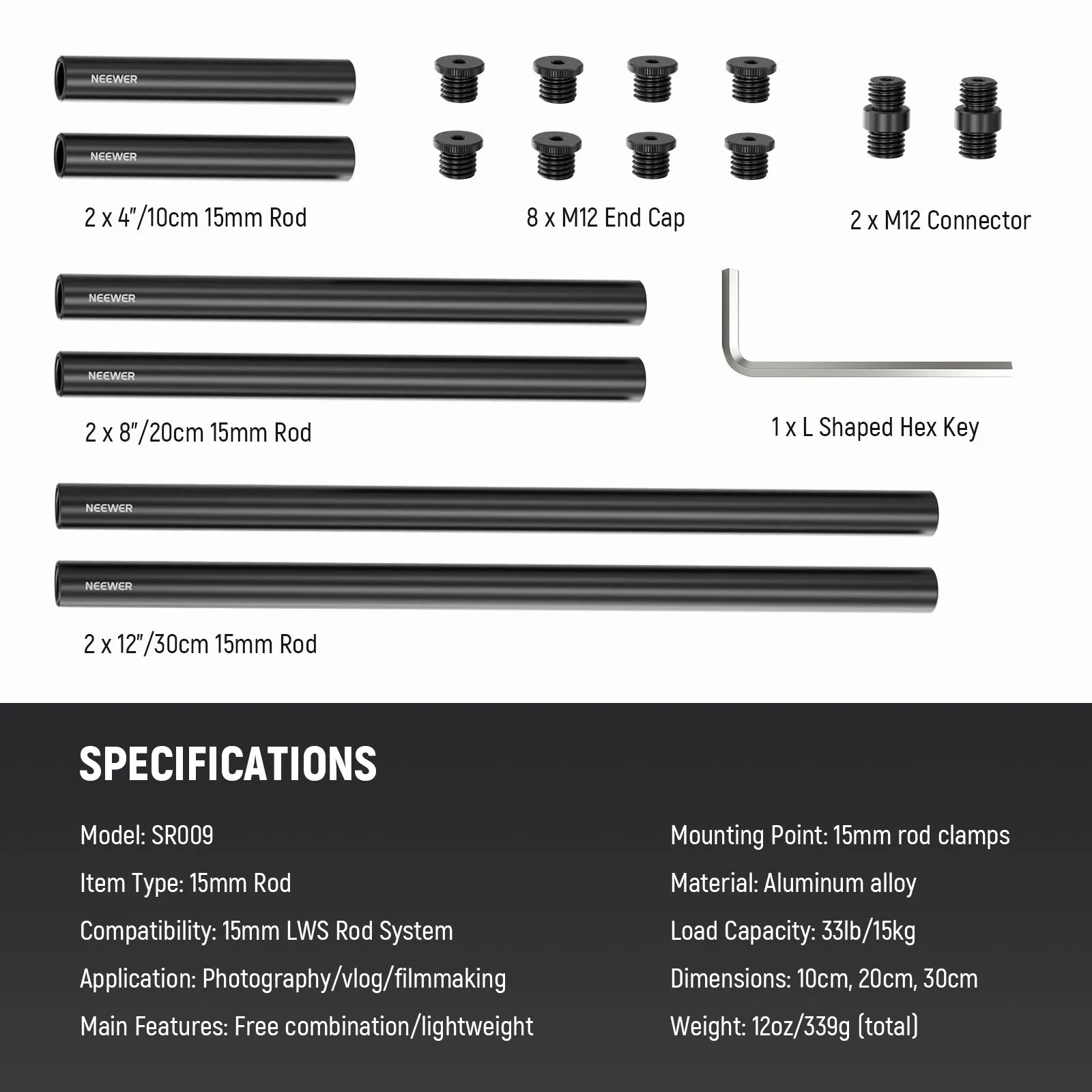 NEEWER SR009 3 Pairs 15mm Rods LWS System