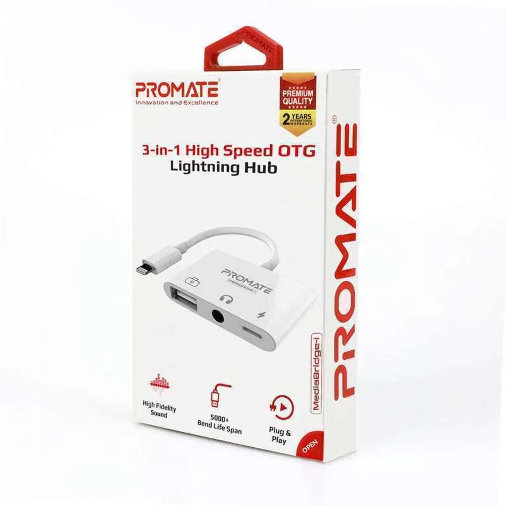Promate 3-in-1 Hub for Lightning to 3.5mm Jack USB 3.0 Lightning Port