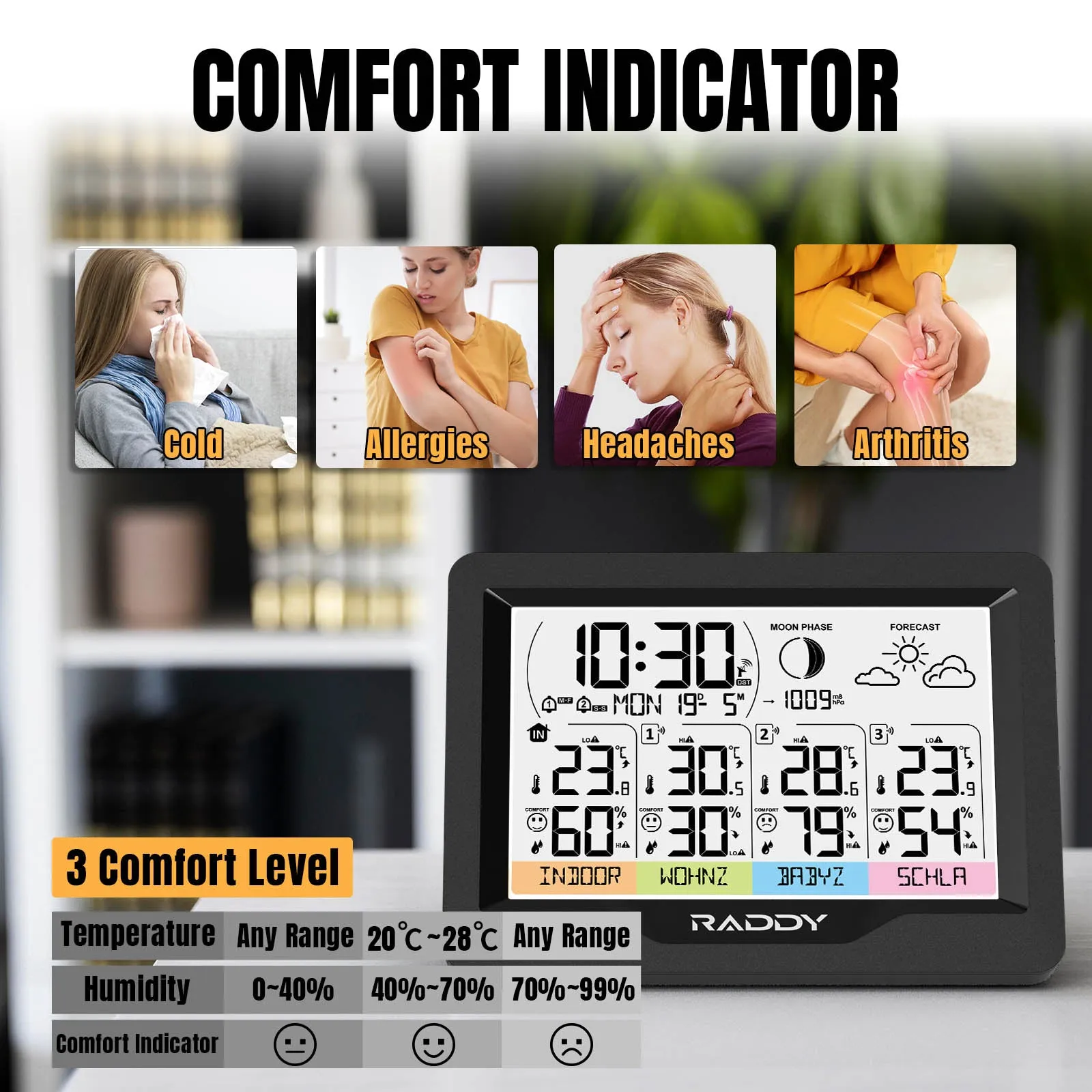 Raddy WF-60M Weather Station | Customized Sensor Names | Weather Forecast | 3 Remote Sensors | DCF Atomic Clock | High/Low Alerts