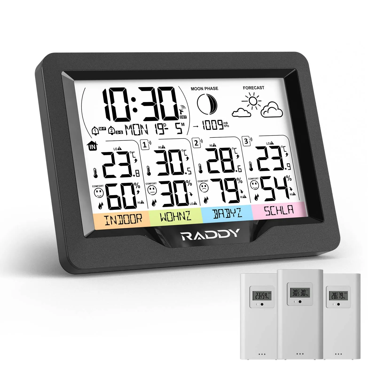 Raddy WF-60M Weather Station | Customized Sensor Names | Weather Forecast | 3 Remote Sensors | DCF Atomic Clock | High/Low Alerts