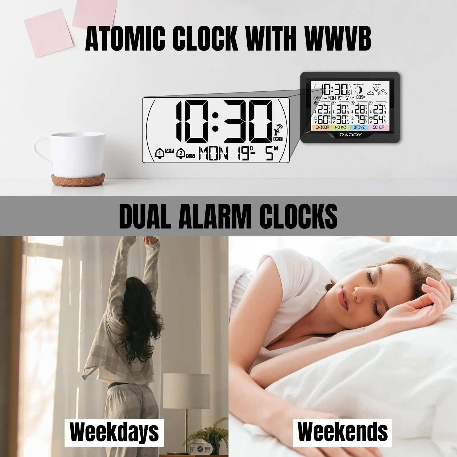 Raddy WF-60M Weather Station | Customized Sensor Names | Weather Forecast | 3 Remote Sensors | DCF Atomic Clock | High/Low Alerts