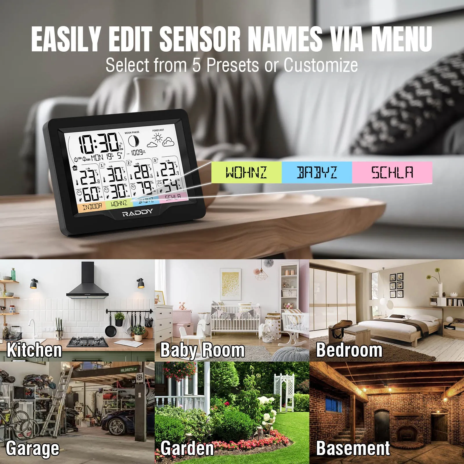 Raddy WF-60M Weather Station | Customized Sensor Names | Weather Forecast | 3 Remote Sensors | DCF Atomic Clock | High/Low Alerts