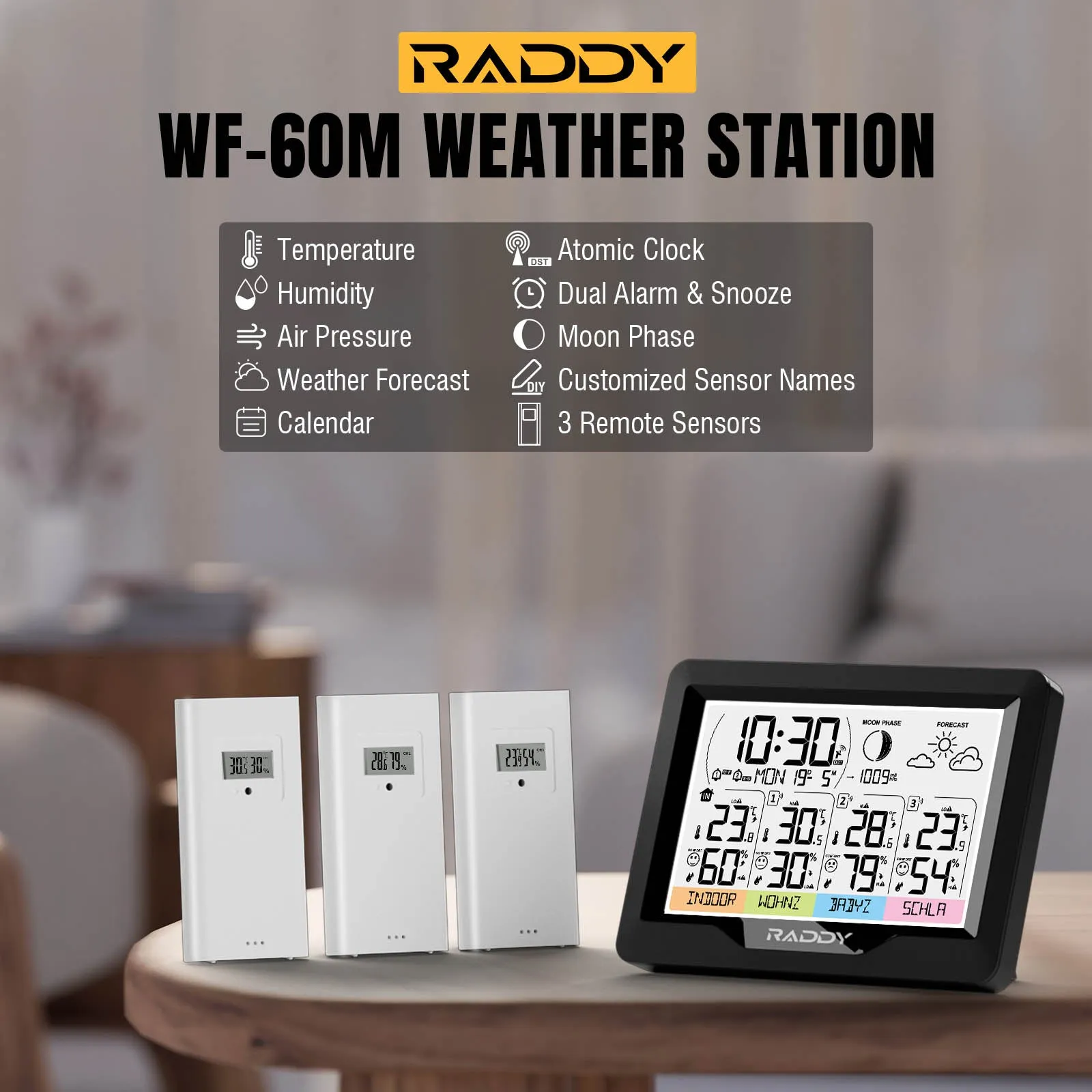Raddy WF-60M Weather Station | Customized Sensor Names | Weather Forecast | 3 Remote Sensors | DCF Atomic Clock | High/Low Alerts