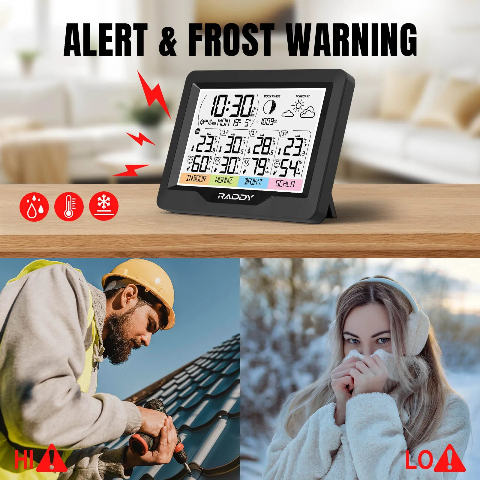 Raddy WF-60M Weather Station | Customized Sensor Names | Weather Forecast | 3 Remote Sensors | DCF Atomic Clock | High/Low Alerts