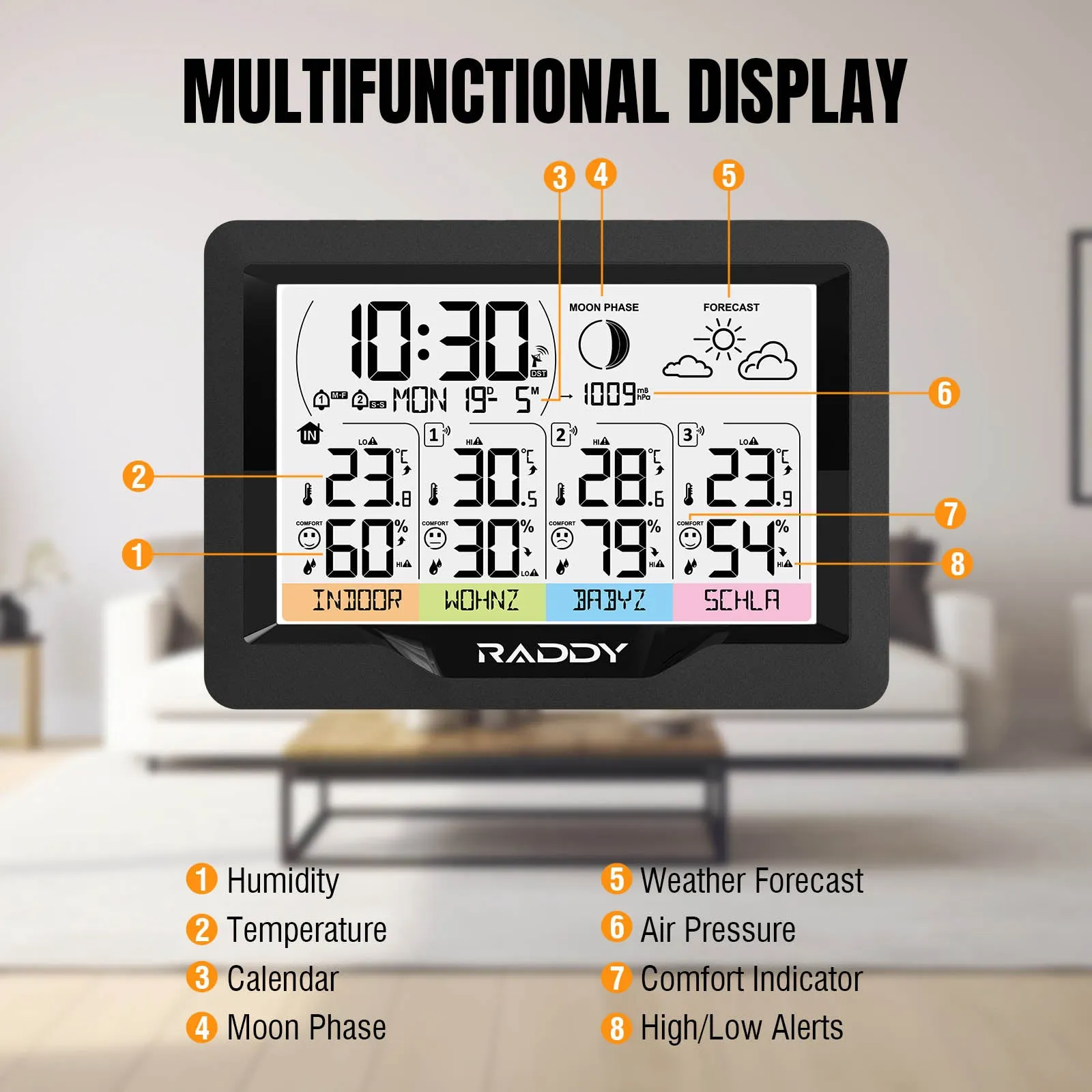 Raddy WF-60M Weather Station | Customized Sensor Names | Weather Forecast | 3 Remote Sensors | DCF Atomic Clock | High/Low Alerts