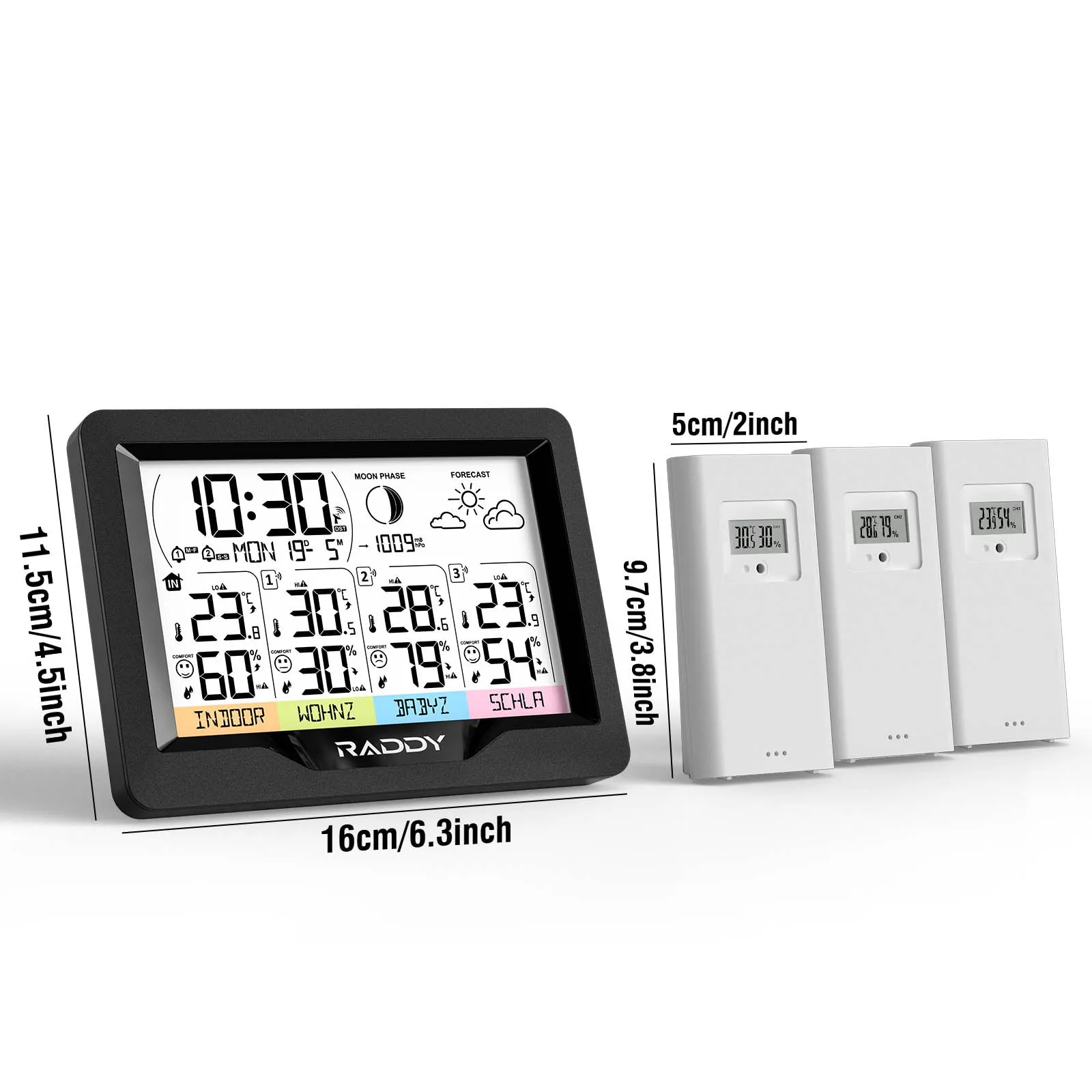 Raddy WF-60M Weather Station | Customized Sensor Names | Weather Forecast | 3 Remote Sensors | DCF Atomic Clock | High/Low Alerts