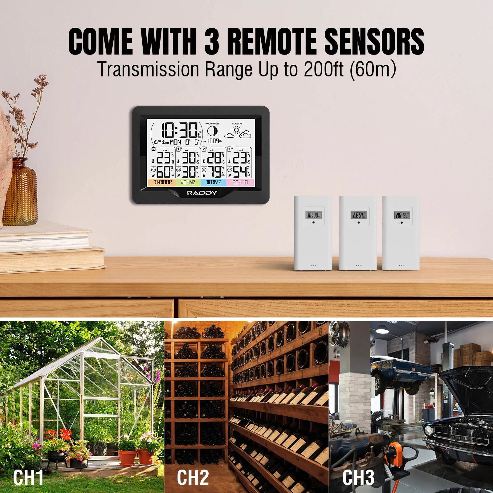 Raddy WF-60M Weather Station | Customized Sensor Names | Weather Forecast | 3 Remote Sensors | DCF Atomic Clock | High/Low Alerts