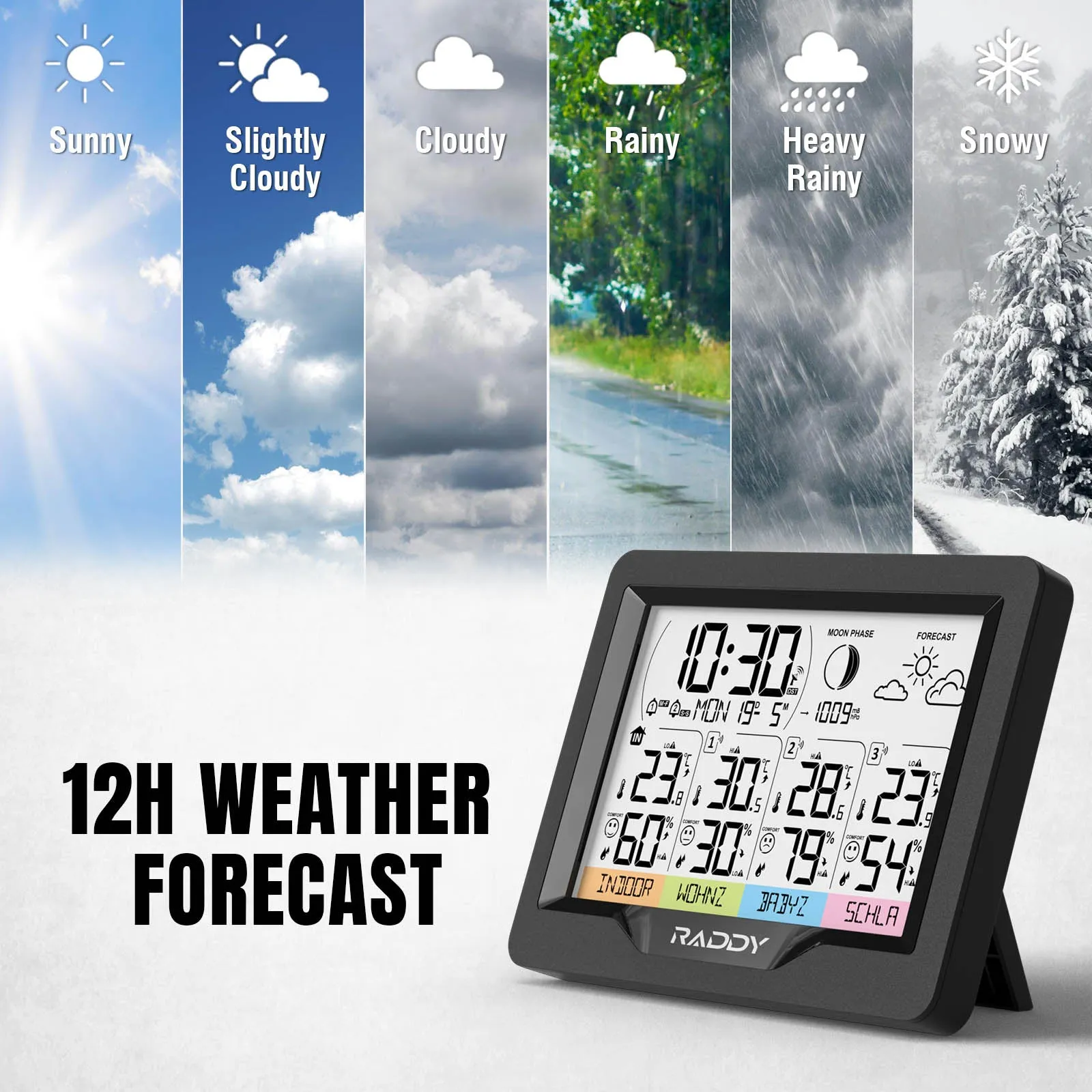 Raddy WF-60M Weather Station | Customized Sensor Names | Weather Forecast | 3 Remote Sensors | DCF Atomic Clock | High/Low Alerts