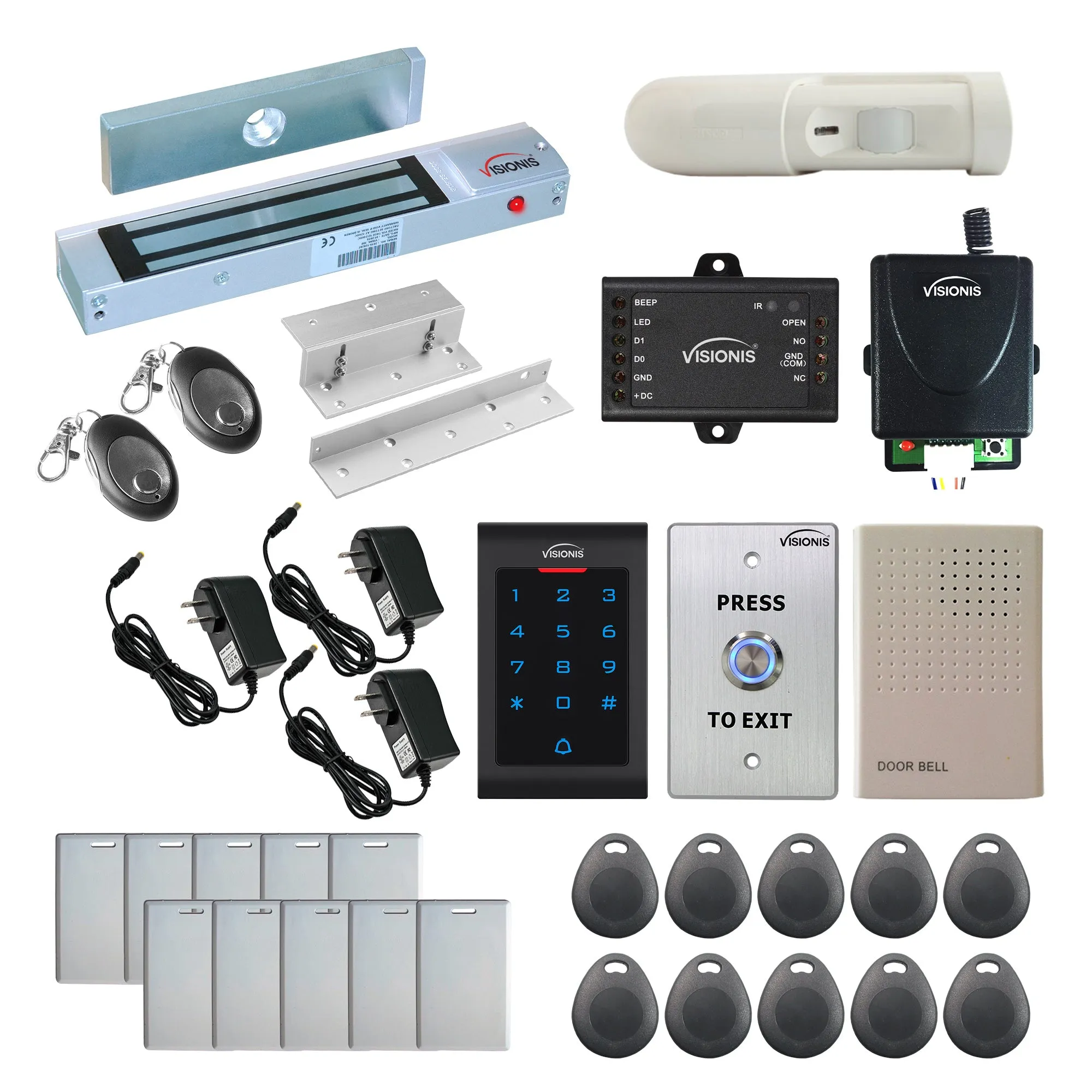 Visionis FPC-5337 One Door Access Control In Swinging Door 300lbs Maglock   Indoor Use Only Keypad/Reader Standalone With Mini Controller   Wiegand 26, No Software, EM Card, Wireless Receiver   PIR