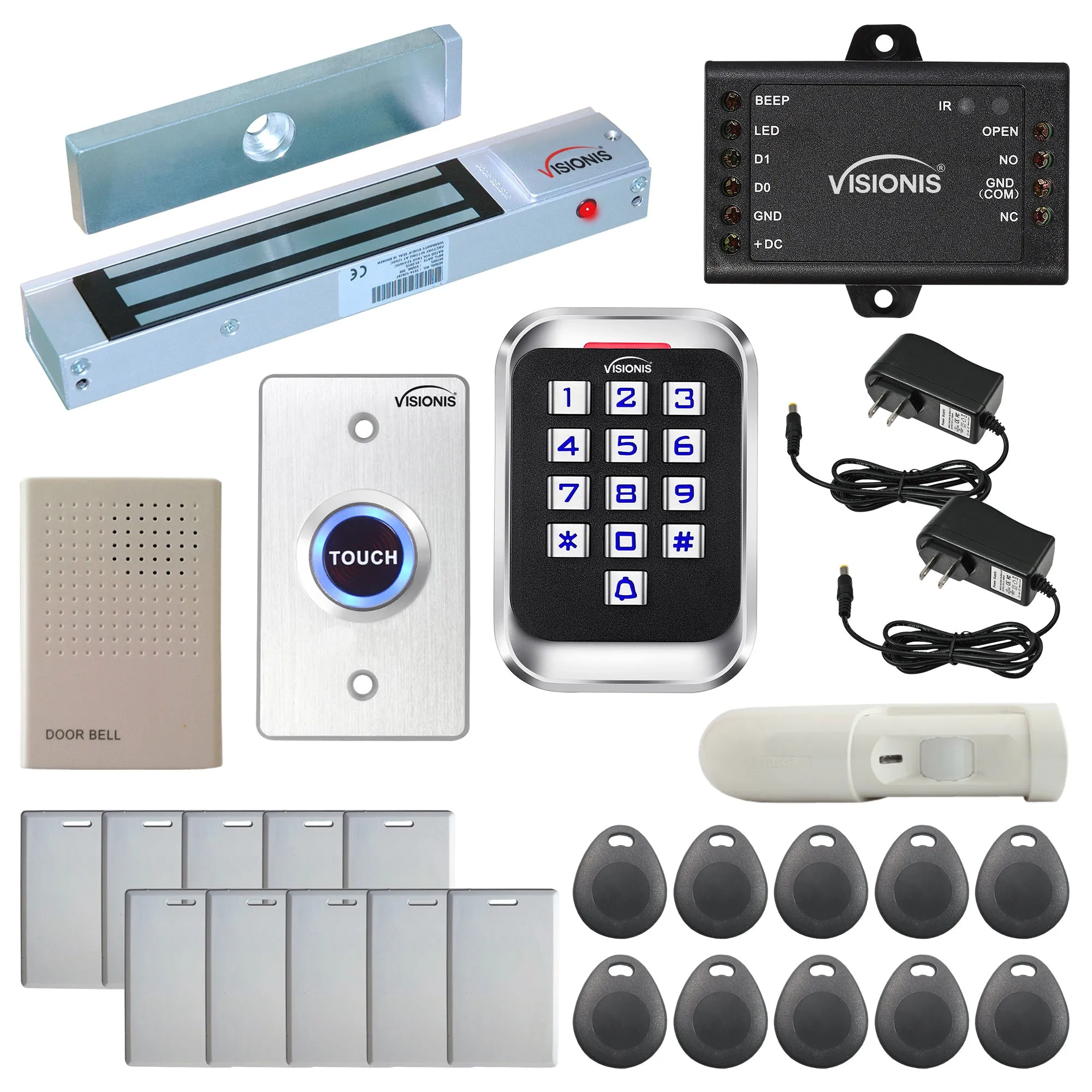 Visionis FPC-5618-A One Door Access Control Out Swinging Door 300lbs Maglock   Outdoor Metal Touch Keypad/Reader Standalone   Mini Controller   Wiegand 26, No Software, EM Card, 1000 Users   PIR Kit