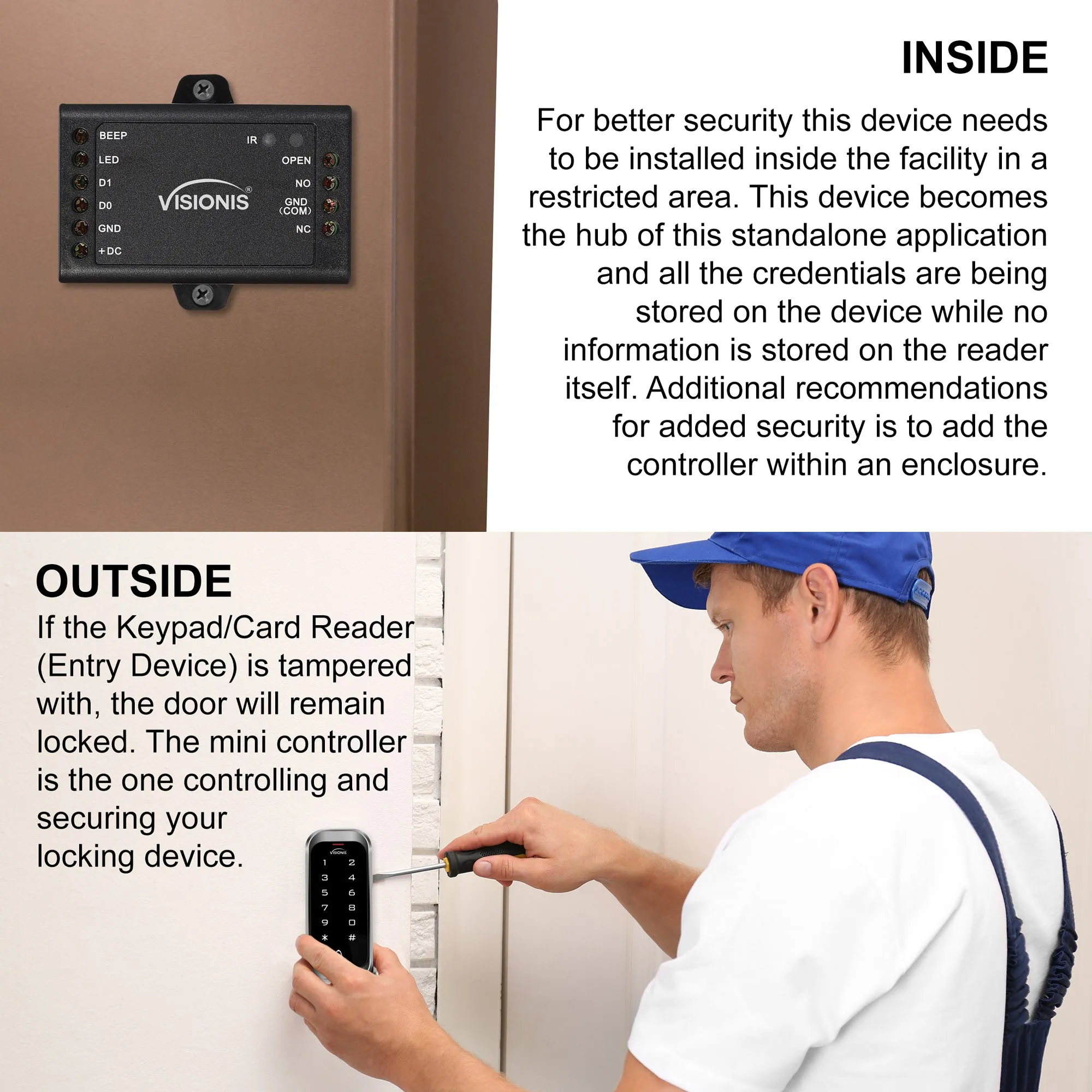Visionis FPC-5622 One Door Access Control Out Swinging Door 1200lbs Maglock   Outdoor Metal Touch Keypad/Reader Standalone   Mini Controller   Wiegand 26, No Software, EM Card, 1000 Users   PIR Kit