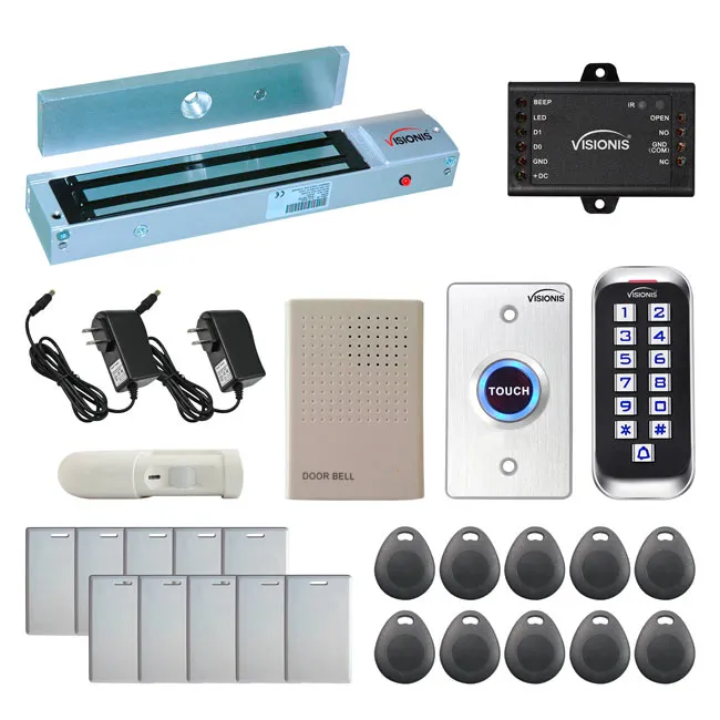 Visionis FPC-5642 One Door Access Control Out Swinging Door 600lbs Maglock   Outdoor Slim Metal Touch Keypad/Reader Standalone   Mini Controller   Wiegand 26, No Software, EM Card, 1000 Users   PIR